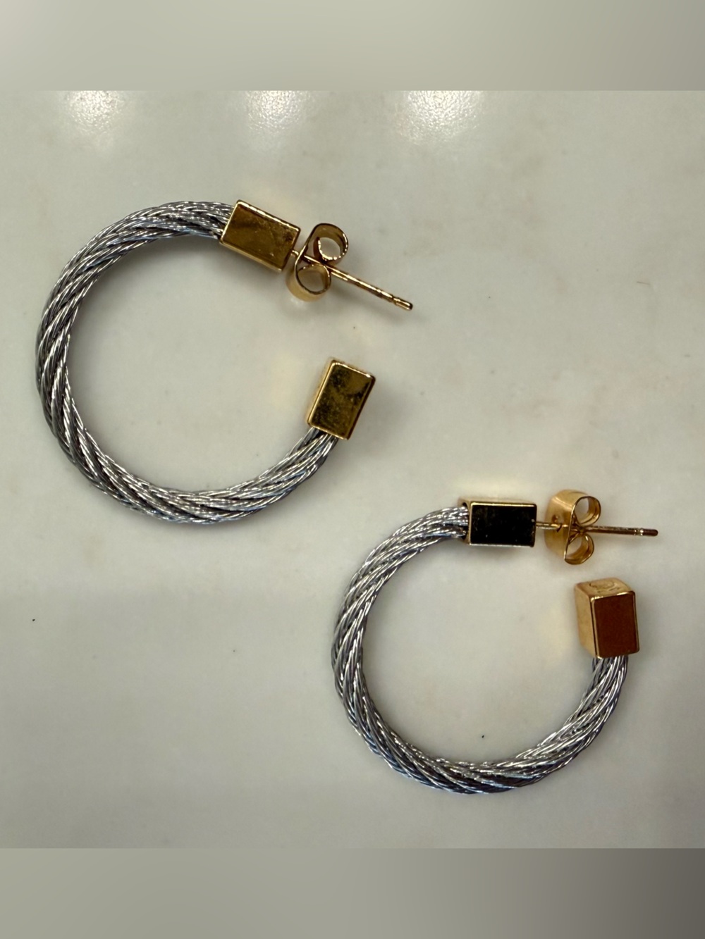 Rustic Cuff Silver Tone Woven Cable Earrings with Gold Tone Accents